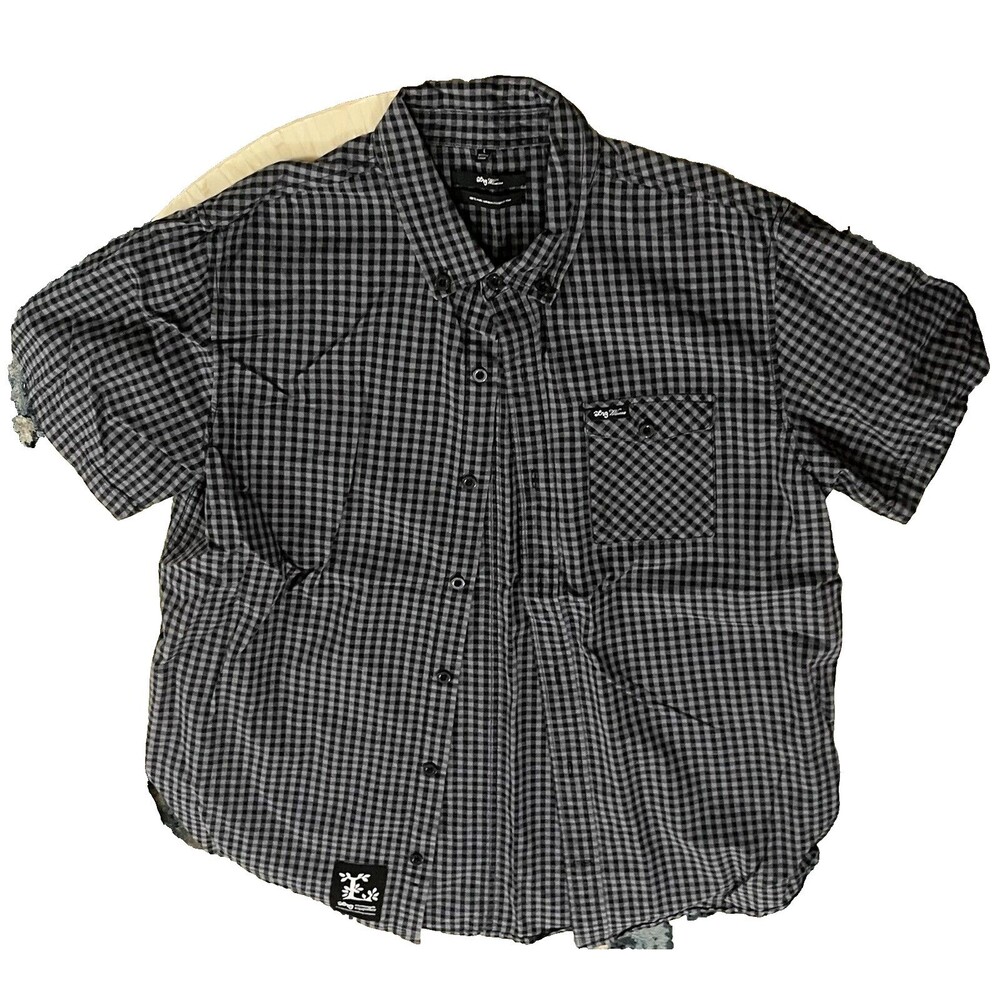 LRG Clothing + Equipment Shirt Short Sleeve Button Down Plaid Pocket Black Large